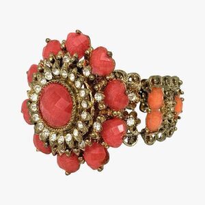 Pink And Orange Rhinestone Heart Flower Clamp Statement Bracelet 6.7" VTG